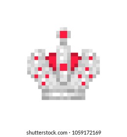 Silver Imperial crown with red gems, pixel art character isolated on white background. Old school 8 bit slot machine pictogram. Retro 80s; 90s video game graphics. King's symbol. Sign of emperor.