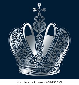 Silver imperial ornated crown on dark blue background made by floral elements in vector.