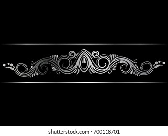 Silver indian line art border in mehendi ethnic style on a black background