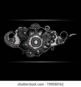 Silver indian line art border in mehendi ethnic style on a black background