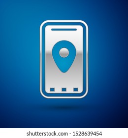 Silver Infographic of city map navigation icon isolated on blue background. Mobile App Interface concept design. Geolacation concept.  Vector Illustration
