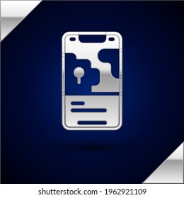 Silver Infographic of city map navigation icon isolated on dark blue background. Mobile App Interface concept design. Geolacation concept.  Vector