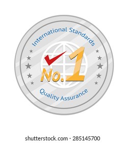 Silver International Standard Certificate with Number 1 and Checkmark for Assurance. Editable Clip Art Illustration.