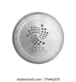 Silver IOTA coin. Crypto currency blockchain coin IOTA symbol isolated on white background. Realistic vector illustration.