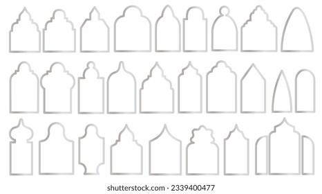 silver Islamic turkish door and window silhouette, Arabic arch and frames vector set