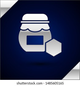 Silver Jar of honey icon isolated on dark blue background. Food bank. Sweet natural food symbol.  Vector Illustration