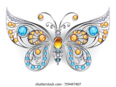 Silver jewelry butterfly decorated with amber and larimar on white background.