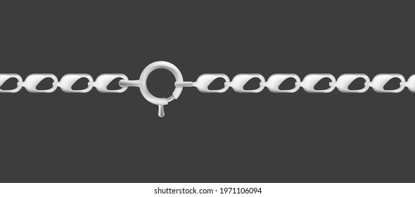 Silver jewelry chain with lock element and flat chainlet links, realistic vector illustration isolated on white background. Necklace or bracelet decorative section.