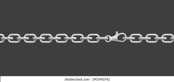 Silver Jewelry Chain With Square Links And Lock, Realistic Vector Mockup Illustration Isolated On White Background. Necklace Or Bracelet Decorative Element Design.