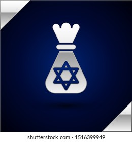 Silver Jewish money bag with star of david icon isolated on dark blue background. Currency symbol.  Vector Illustration