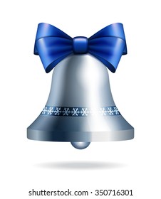 Silver jingle bell with blue bow isolated on white. Vector illustration for christmas, new year, decoration, winter holiday