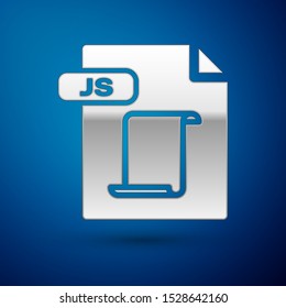 Silver JS file document. Download js button icon isolated on blue background. JS file symbol.  Vector Illustration