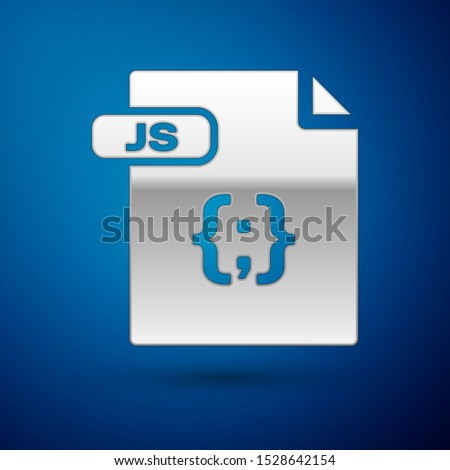 Silver JS file document. Download js button icon isolated on blue background. JS file symbol.  Vector Illustration