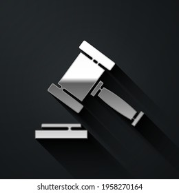 Silver Judge gavel icon isolated on black background. Gavel for adjudication of sentences and bills, court, justice. Auction hammer. Long shadow style. Vector