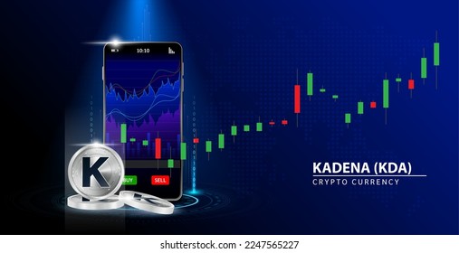 Silver Kadena (KDA) Cryptocurrency blockchain. Online coin Blue background.  Smartphone Cryptocurrency Trading and playing stocks. Secure mobile banking finance. Vector illustration 3D.