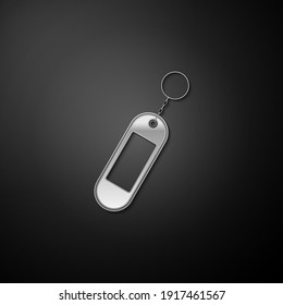Silver Key Chain Icon Isolated On Black Background. Blank Rectangular Keychain With Ring And Chain For Key. Long Shadow Style. Vector.