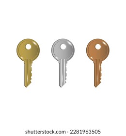 silver key. House key. Silver, gold, bronze keys. 3d home icon. Vector illustration.