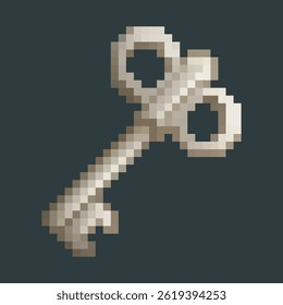 silver key in pixel art style with isolated background