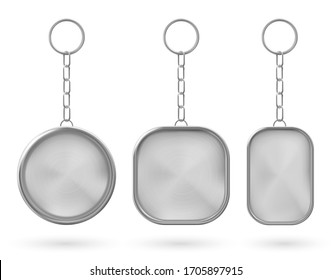 Silver keychain, holder trinket for key with metal chain and ring. Vector realistic template of steel fob for car, home or office isolated on white background. Blank accessory for corporate identity