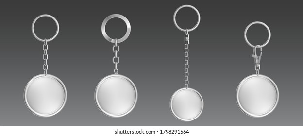 Silver Keychain, Holder Trinket For Key With Metal Chain And Ring. Vector Realistic Template Of Steel Fobs Round Circle Shape Isolated On Transparent Background. Blank Accessory For Corporate Identity