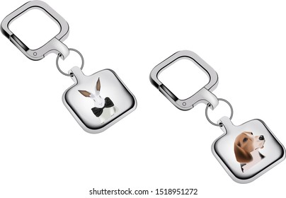 silver keychain with rabbit and dog image