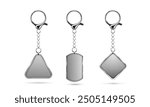 Silver keychain with ring mockup for branding. Realistic vector illustration set of blank grey metal key holder template. Chrome trinket souvenir badge of triangle, rectangle and rhombus shape.