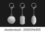 Silver keychain with ring mockup for branding. Realistic vector illustration set of blank grey metal key holder template. Chrome trinket souvenir badge of round rectangle and oval shape.