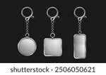 Silver keychain with ring mockup for branding. Realistic vector illustration set of blank grey metal key holder template. Chrome trinket souvenir badge of round rectangle and square shape.