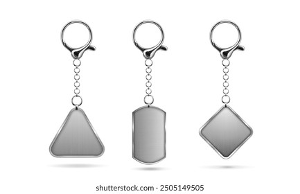 Silver keychain with ring mockup for branding. Realistic vector illustration set of blank grey metal key holder template. Chrome trinket souvenir badge of triangle, rectangle and rhombus shape.