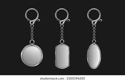 Silver keychain with ring mockup for branding. Realistic vector illustration set of blank grey metal key holder template. Chrome trinket souvenir badge of round rectangle and oval shape.