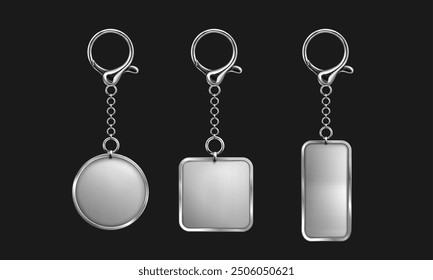 Silver keychain with ring mockup for branding. Realistic vector illustration set of blank grey metal key holder template. Chrome trinket souvenir badge of round rectangle and square shape.