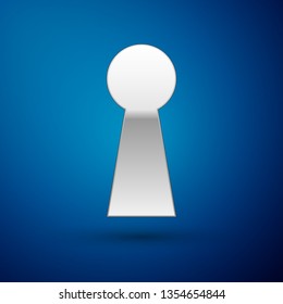 Silver Keyhole icon isolated on blue background. Key of success solution. Keyhole express the concept of riddle, secret, peeping, safety, security. Vector Illustration