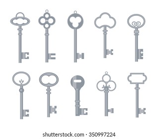 Silver keys set, vector illustration. Flat icons, metal antique skeleton keys