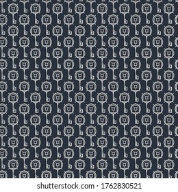 Silver Keys. Vintage, Retro style. Minimalistic Icons. Graphic Vector Seamless Pattern. Repeating square Wallpaper. Elegant geometric design. Trendy illustration. Dark blue background