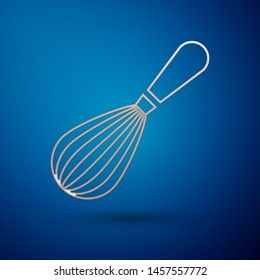 Silver Kitchen whisk icon isolated on blue background. Cooking utensil, egg beater. Cutlery sign. Food mix symbol.  Vector Illustration