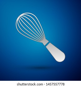 Silver Kitchen whisk icon isolated on blue background. Cooking utensil, egg beater. Cutlery sign. Food mix symbol.  Vector Illustration