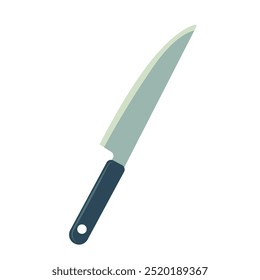 A silver knife with a black handle. The knife is long and thin. It is a kitchen knife