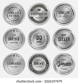 Silver Labels And Badge Seal Quality Set Rounded On White Background