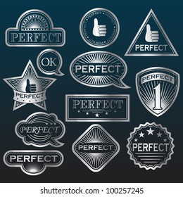 Silver Labels 'Perfect'. Everyone has a transparent background. Can be placed on a background of any color. Grouped for easy edition. In gallery also variant in gold and in blue.