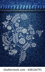 Silver lace flower embroidery on jeans or blue denim background design. Contemporary lace background ornamental floral background for wedding invitation. Decorative element for patches and stickers.