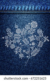 Silver lace flower embroidery on jeans or blue denim background design. Contemporary lace background ornamental floral background for wedding invitation. Decorative element for patches and stickers.