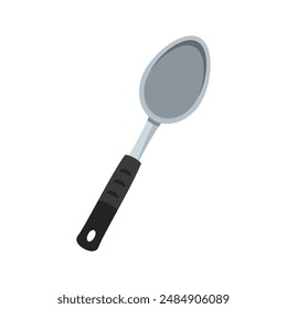 Silver ladle with black handle, perfect for kitchen utensil advertisements or recipe blogs, enhances food photography with a traditional touch