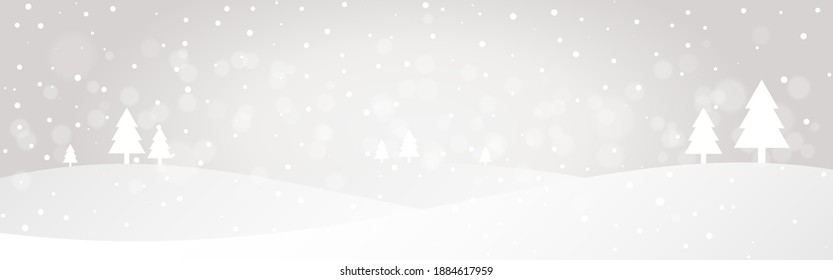 Silver landscape. White snow flakes with bokeh. Greeting card wide template. Merry Christmas poster. Snowfall backdrop. Winter holiday concept. Vector illustration.