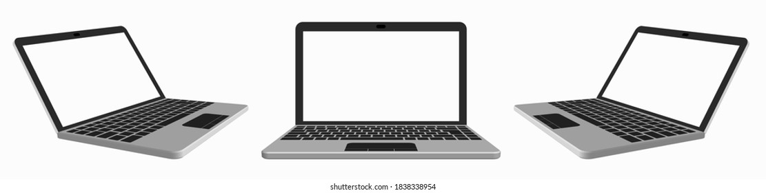 Silver laptop with blank screen. Modern portable devices. Template. Isometric vector on white background