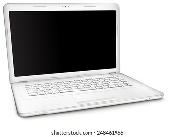 Silver laptop with copy space at black blank screen, isolated on white background. Three-quarter view.