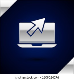 Silver Laptop and cursor icon isolated on dark blue background. Computer notebook with empty screen sign.  Vector Illustration