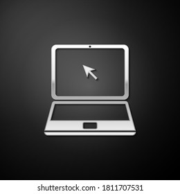 Silver Laptop with cursor icon isolated on black background. Long shadow style. Vector.