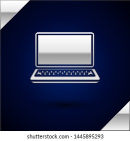 Silver Laptop icon isolated on dark blue background. Computer notebook with empty screen sign.  Vector Illustration