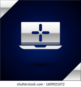 Silver Laptop icon isolated on dark blue background. Computer notebook with empty screen sign.  Vector Illustration