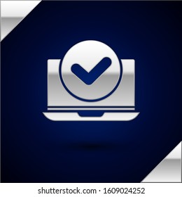 Silver Laptop icon isolated on dark blue background. Computer notebook with empty screen sign.  Vector Illustration